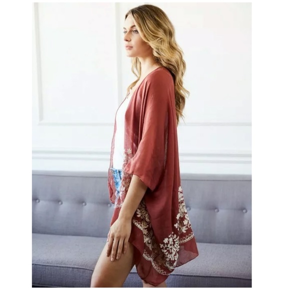 SOLD OUT Rosewood Floral Embroidered Sheer Kimono Wrap - Picture 3 of 3